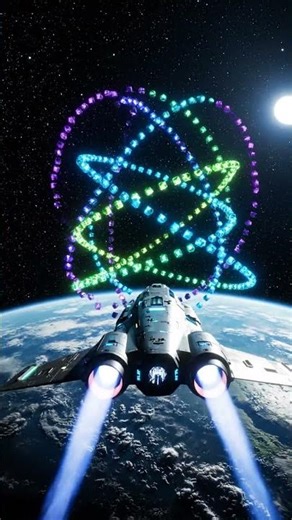 Alien and human launched colorful micro-satellites, painting bright patterns around their ship.
