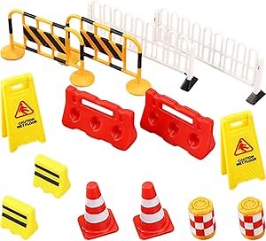14pcs Play Traffic Signs Street Signs Playset Mini Traffic Cones Street Warning Toy Anti-Collision Barrels for Kids Construction Playset