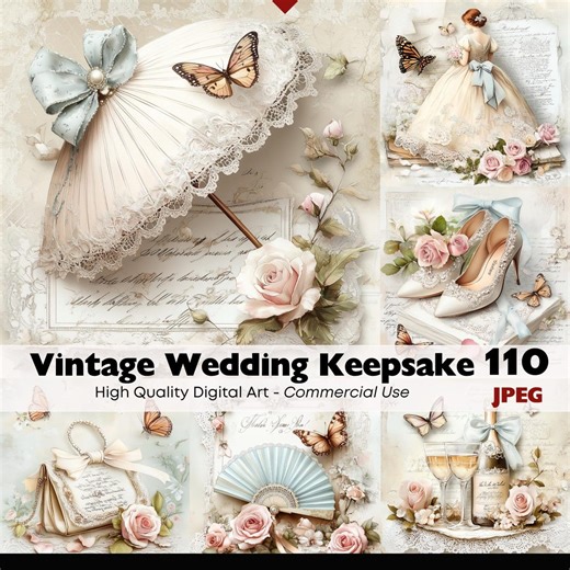 Vintage Wedding Keepsake, Romantic Wedding Clipart, Shabby Chic Wedding Decor, Bridal Ephemera Bundle, Elegant Wedding JPEG Paper Crafts - Etsy