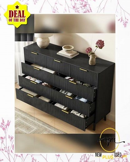 NEW Fluted Nine Drawer Dresser 55 Inch Matte Black With Gold Handles