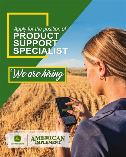 🌟 NOW HIRING: Product Solutions Specialists! 🌟 Ready to turn your ag knowledge people skills into a high‑impact career? Join American Implement and become the go‑to expert helping customers get the most out of their equipment and Precision Ag technology. 🚜 Multiple Locations 💼 $55–65k DOE Performance Incentives 🚗 Company Vehicle 📱 Cell Phone Allowance 💚 Employer‑Paid Health Insurance for YOU ✨ Why You’ll Love This Role: • Build strong customer relationships • Support Precision Ag John Dee
