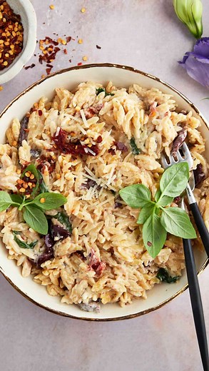 Alia & Radwa Elkaffas | This Spinach and Sun-Dried Tomato Boursin Orzo Bake is Creamy, cheesy, and bursting with savory goodness, this one-pan wonder is ready in... | Instagram