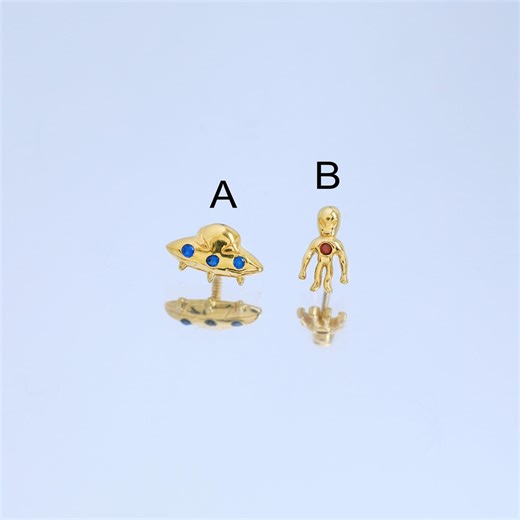 Mismatched UFO and Alien Detachable Gemstone Flat Back Piercing in Sterling Silver by Tinyradiant - Etsy