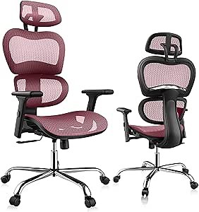 Ergonomic Office Chair, High Back Home Office Desk Chairs with Adjustable Headrest/Armrests, Mesh Computer Chair with Lumbar Support and Tilt Function, Red
