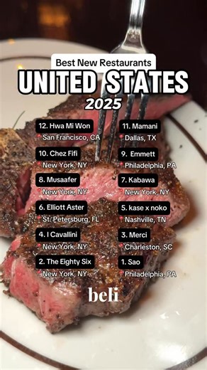 The top rated new restaurants in the U.S., based on over 50 million ratings on Beli. Let us know what you think should have made the list! 1. Sao (Philadelphia, PA) @saophilly 2. The Eighty Six (New York, NY) @the86.nyc 3. Merci (Charleston, SC) @mercichs 4. I Cavallini (New York, NY) @icavallinibk 5. kase x noko (Nashville, TN) @kasexnoko 6. Elliott Aster (St. Petersburg, FL) @elliottasterstpete 7. Kabawa (New York, NY) @kabawa 8. Musaafer (New York, NY) @musaafernyc 9. Emmett (Philadelphia, PA