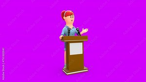3D Animated Scene of Cartoon Woman Giving Public Speech Standing Behind Podium.