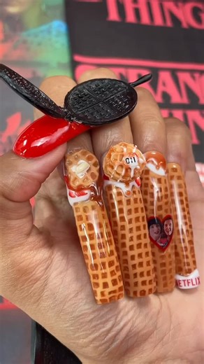 ILYSM Nails on Instagram: "Eleven & Mike Forever with Waffles 🧇 One Last Time ❤️ Stranger Things inspired Nail Art with @Netflix #nails #nailart #art #asmr #strangerthings"