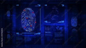 Fingerprint security interface. Scanner searching and analyzing various fingerprints in a database. Technology verification and authentication. Blue.