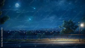 night time atmosphere on the street with the night sky and street lights with anime or cartoon style. seamless looping time-lapse virtual video animation background.