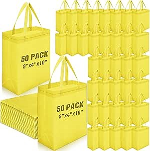 Windyun 50 Pcs Reusable Tote Bag Bulk 8 x 4 x 10 Inch Non Woven Shopping Bag with Handle Reusable Portable Grocery Gift Tote (Light Yellow)