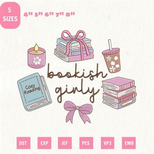 Bookish Girly Machine Embroidery File, Book Lover Design (instant Download) - Etsy