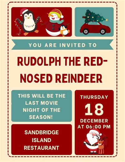 Sandbridge Island Restaurant on Instagram: "🎄 Final Movie Night of the Year! 🎬 🦌 Rudolph the Red-Nosed Reindeer 🕕 Thursday, December 18 | 6 PM 🍔 Half-Off Kids’ Menu"