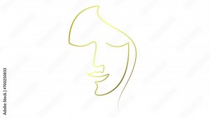 Animated golden linear face of a woman is gradually drawn. Head of beautiful girl from ribbon. Single line. Concept of beauty. Looped video. Vector linear illustration isolated on white background.