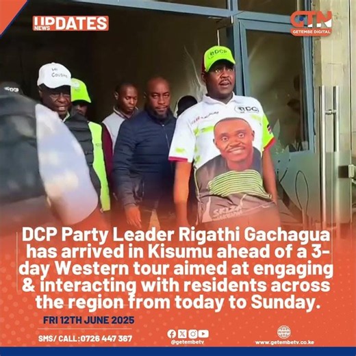 DCP Party Leader Rigathi Gachagua has arrived in Kisumu ahead of a 3-day Western tour.