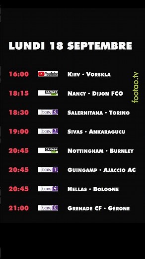 foot à la TV aujourd'hui lundi 18 septembre ce soir match direct programme télé diffusion #foot #TV
