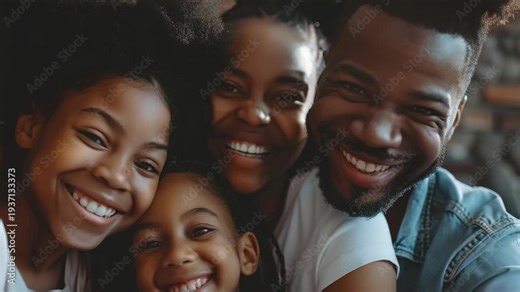 Affectionate family smiles warmly together. Bright eyes, joyful expressions, genuine connection. Close-knit group radiates happiness and love. Natural lighting enhances their joyful moments