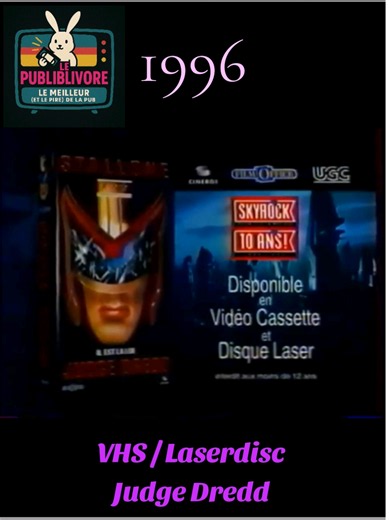 Publicité de 1996 pour la VHS et le Laserdisc du film Judge Dredd. #Années90 #1996 #JudgeDredd #PubRétro #Nostalgie