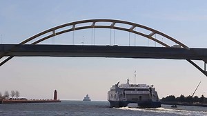 19K views · 437 reactions | The fast ferry is back on Lake Michigan. Lake Michigan's Lake Express ferry returns to the Milwaukee lakefront, heading out under the Hoan Bridge from its winter berth deep in the Menomonee River Valley earlier this morning. Daily roundtrip service between Milwaukee and Muskegon resumes May 1st. | Lake Express High Speed Ferry | Facebook
