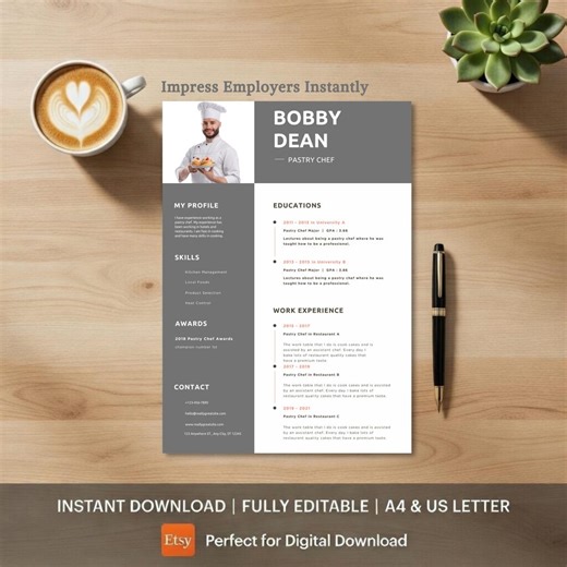 Pastry Chef Resume Template Canva, Baker Resume CV, Pastry Cook Resume, Bakery Job Resume Template, Chef CV Editable, A4 & US Letter - Etsy