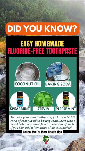 Health | Spirit | Body on Instagram: "🦷 DIY Fluoride-Free Toothpaste You Can Make at Home! 🌿Ditch store-bought paste and try this all-natural alternative using coconut oil, baking soda, and essential oils! 💚 Freshen your breath, clean your teeth, and skip the chemicals with this easy 5-ingredient recipe. #NaturalLiving #DIYToothpaste #HolisticHealth"