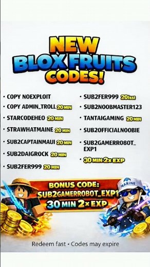 NEW Blox Fruits Codes 🔥 2× EXP | Working Codes please subscribe for new codes 😀