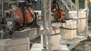 white mould for ceramic slip casting production process. Workplace in the workshop at a porcelain factory with ceramic blanks of dishes. Plaster mold filled with slip.