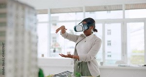 Virtual reality, architecture and augmented reality with black woman in office for designer, engineering or 3d planning. Vision, metaverse and technology with employee vr glasses for ui digital model
