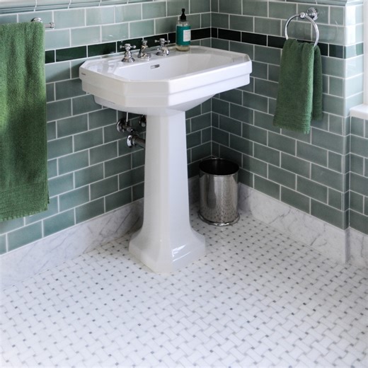 Complete Tile Collection | A timeless basketweave pattern reimagined with subtle contrast. ㅤ This polished marble mosaic pairs luminous Thassos with soft Ming Green... | Instagram