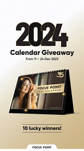 Focus Point 2024 Calendar Giveaway! Get ready to start 2024 with style! ️We're giving away a brand new Focus Point 2024 Calendar to 10 lucky winners! Here's how to enter: 1. Like and follow us at Focus Point Vision Care Group, and like this post. 2. Tag 3 friends and share with us what makes you excited about 2024? 3️. Share this post to your story and tag us (make sure your profile is public). 🗓️ Don't miss out! Enter by 24th December, 11.59pm for a chance to win. The 10 lucky winners will be 
