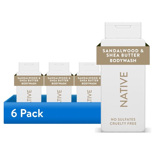 (6 pack) Native Body Wash, Sulfate Free, Sandalwood & Shea Butter, for Women and Men, 18 oz
