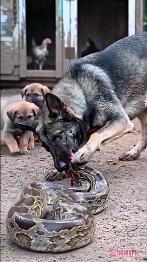 Smart mother dog bites python to death to protect her puppies