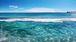 A peaceful ocean scene with clear blue water, gentle waves, and a clear sky, creating a serene coastal atmosphere.
