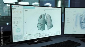Diagnostic Examination Of Lung Organ In Modern X-ray Medical Computer System. Computer X-ray Scan Of Human Lungs For Cancer Diagnosis. Monitoring Lungs Infection Using X-ray Computer Software Ui