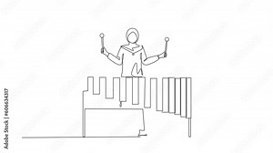 Self drawing animation of single one line draw woman Arabian percussion player play marimba. Female musician playing Mexican marimba instrument at festival. Continuous line draw. Full length animated