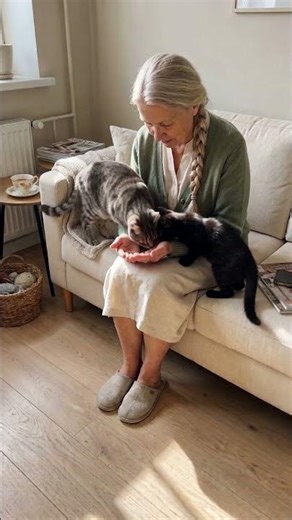 Two cats. Two hands. She had a system 🐱