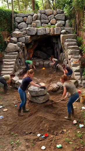 timelapse of messy backyard transforming into luxury hidden cave pool with waterfall.