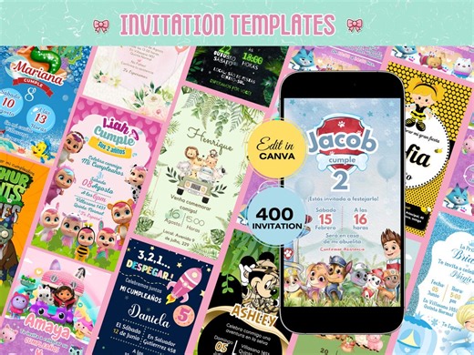 Over 400 editable invitations with Canva, birthday invitations, editable invitation packages, invitation design, Canva templates