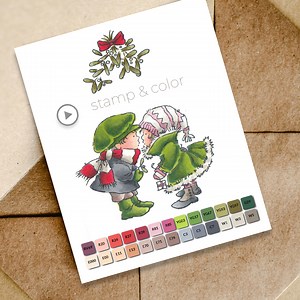 Such sweet stamping and #copicmarkers coloring under the mistletoe by Nancy ( @rowhousegreetings ) ! : : Featured Penny Black Stamp: 31-084 Mistletoe : : Paper: Spectrum Noir Ultra Smooth Cardstock; Ink: Memento in Tuxedo Black; COPICS: R20, E000, E00, E11, E13 (skin); E74 (hair); YG03, YG17, YG67, G29 (girl's coat); W1, W3 (fur); W1, W3, R81, R85 (girl's hat & gloves); C3, C5, C7, W3, W5 (shoes); YG03, YG17, YG67, G29 (boy's hat, boots & gloves); E70, E71, E74 (pants); W1, W3, W5, R24, R27, R39