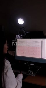Female cardiologist reviews on computer electrocardiogram of patient with incomplete right bundle branch block, common in thin people or in athletes related to increased cardiac mass due to exercise