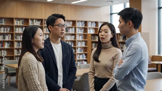 Quiet library conversation. A small group of people standing close together in a library area, speaking quietly with restrained gestures to maintain silence.