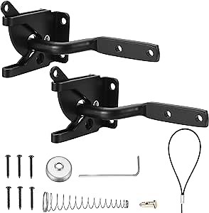 2 Pack Self-Locking Gate Latch,Automatic Gravity Lever Door Latches,Single Sided Wood Fence Latch,with Longer Fasteners Pull String,for Garden Kennels Secure Pool,2-1/8" Steel,Black Coated
