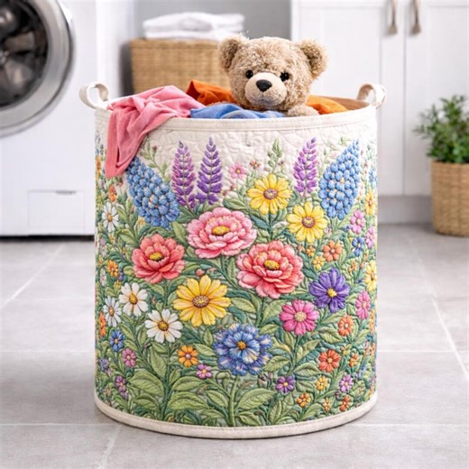 Quilted Laundry Basket with Floral, Large Fabric Storage, Decorative Laundry Hamper, Colorful Flower Design for Home & Laundry Room