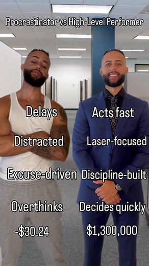 2.4K views · 34 reactions | Procrastinator vs High-Level Performer  Procrastinator = Delays. Distracted. Excuse-Driven. High-Level Performer = Acts Fast. Laser-Focused. Discipline-Built. The difference between staying stuck and leveling up usually comes down to identity, not talent. Choose who you want to be every single day.  #MindsetShift #HighPerformer #DisciplineOverMotivation #LevelUp #SuccessHabits #MenWhoLead #MoneyMakingJuggernaut | Eric J Richardson | Facebook