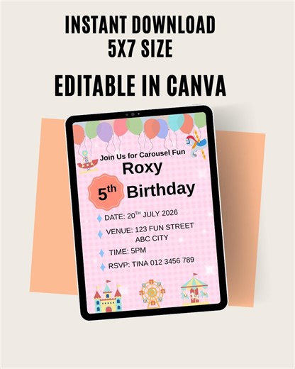 Carousel Birthday Invitation, Pink Carnival Theme, Editable Canva Template (5x7) - Etsy
