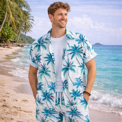Men’s Hawaiian Shirt and Shorts Set, Tropical Palm Print Outfit, Summer Beach Matching Set, Casual Aloha Set, Vacation Outfit for Men - Etsy