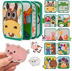 Montessori Busy Book for Toddlers 1-3, Felt Quiet Book & Busy Board for Preschool Learning, Fine Motor Skills & Sensory Play, Educational Travel Toy and Gift for Kids – Farm Animals Theme, Green