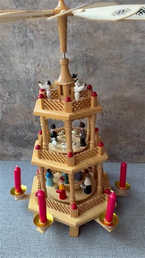 Vintage German Wooden Spinning 3-Tier Christmas Pyramid | Handcrafted Candle Carousel