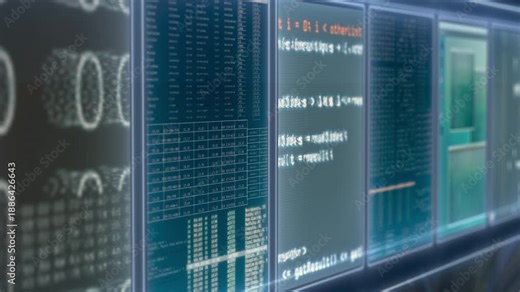 Digital background showing software development environments with code panels, glowing interfaces, and layered data visuals, suitable for IT services, startups, and technology branding.