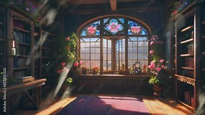 library room with neatly arranged bookshelves and aesthetic wooden windows, seamless looping time lapse virtual 4k video animation background