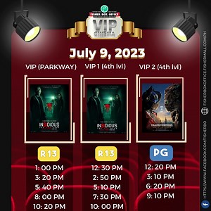 FBO VIP Cinema Screening Schedule for July 9, 2023 (Sunday) Ticket selling starts at 10:00 AM. You may proceed at Fisher Box Office Ticket Booth, or you may purchase tickets online at http://fisherboxoffice.fishermall.com.ph/ Meet upgrade acoustic for the best sound quality experience and 𝗹𝗮𝘀𝗲𝗿 𝗽𝗿𝗼𝗷𝗲𝗰𝘁𝗼𝗿 𝘁𝗲𝗰𝗵𝗻𝗼𝗹𝗼𝗴𝘆 in Fisher Box Office Cinemas! See you at our Fisher Mall Cinemas! You'll love it here! Your movie ticket includes one (1) Large Popcorn and (1) Large drink. **